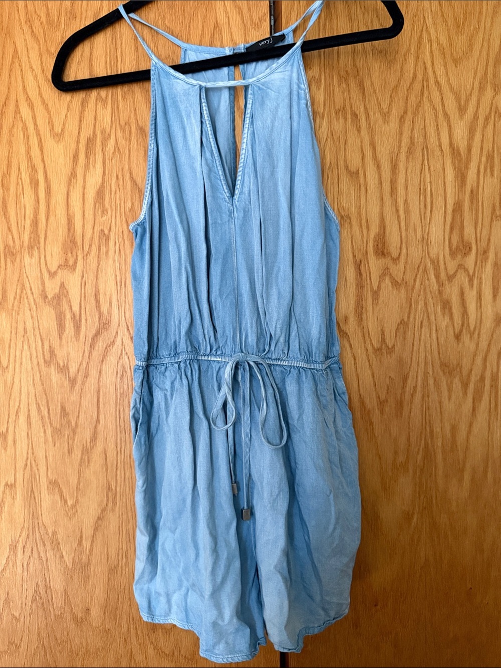 Very J Light Blue Chambray Girls' Romper with Drawstring Waist